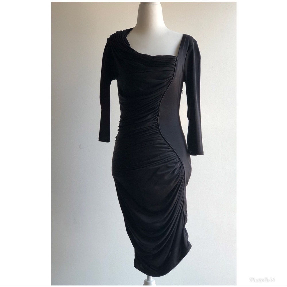 C. Malandrino black dress w/ asymmetric neckline